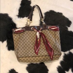 Gucci brown canvas leather monogram silk scarf bag